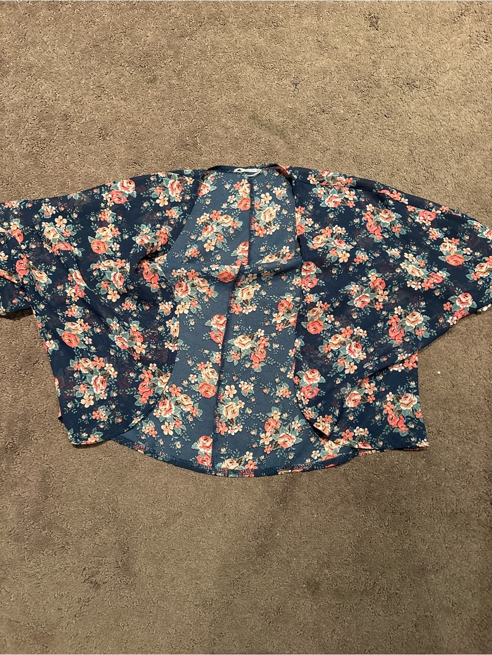 Floral Open Front Kimono - Blue with Pink Roses